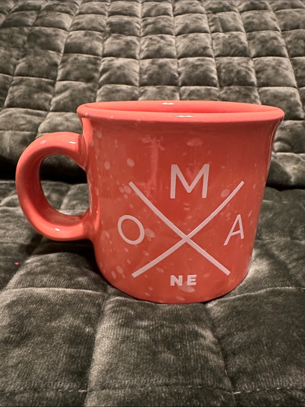 Coral Ceramic Mug with White Crossed Logo - Branded Accent Cup